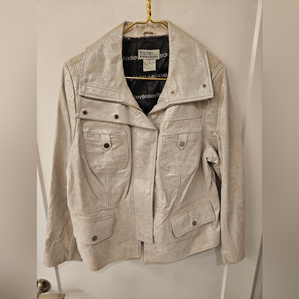 NWOT - Bradley Bayou Leather Metallic Cream Biker Jacket - Size 1X